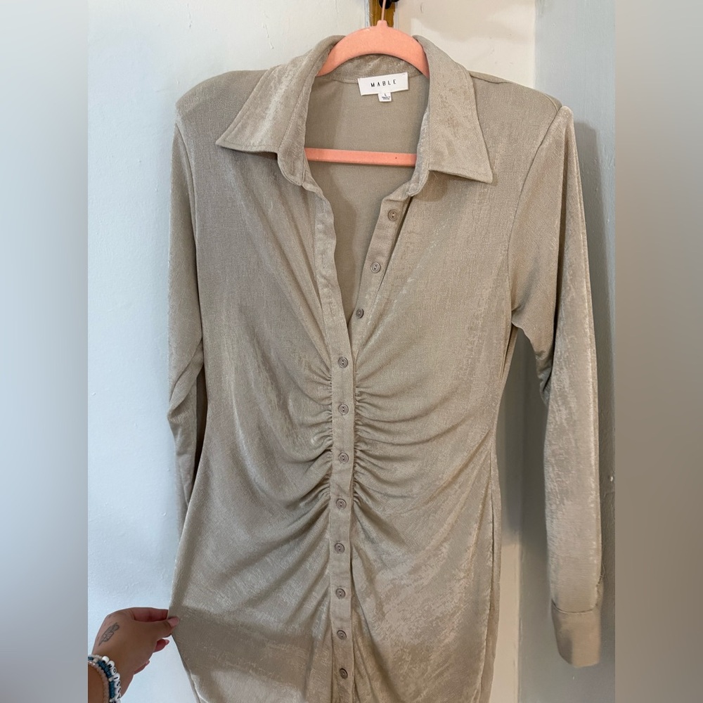 Mable Clothing  — Tan long sleeve button down shirt dress